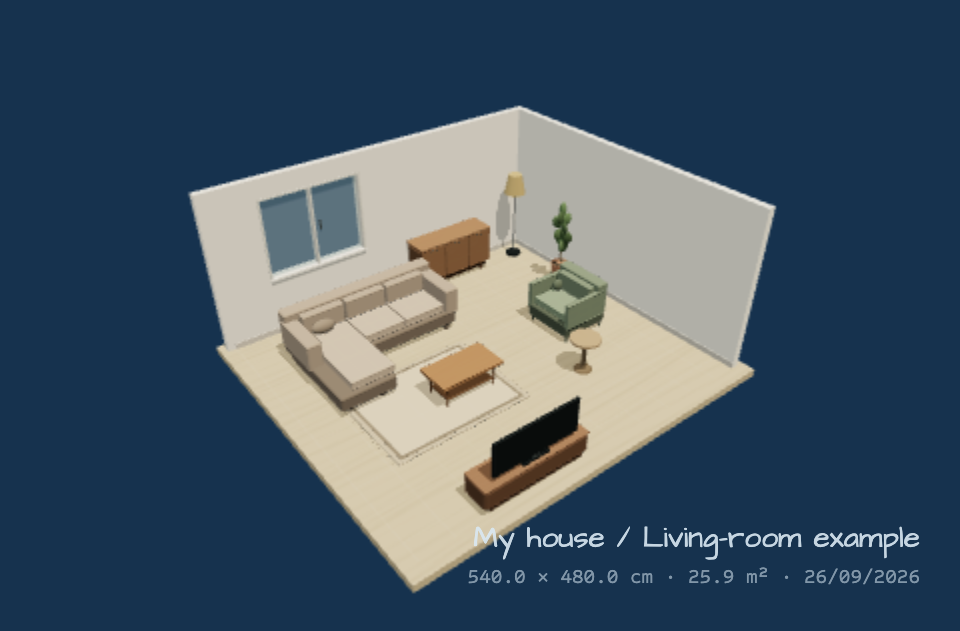 Actual 3D planner view of the example living room, with a corner sofa, media bench, armchair and window.